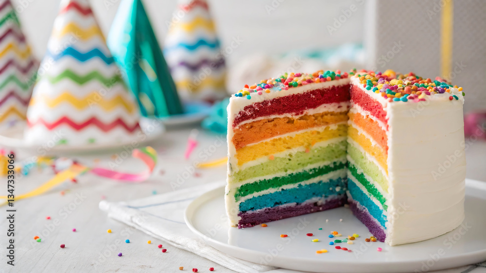 Poster a 3d rendered picture of a rainbow cake cut into slices. there are three birthday hats on the table,