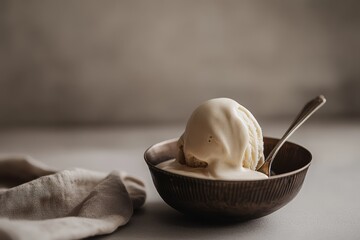 Creamy vanilla ice cream in rustic bowl with spoon on neutral background
