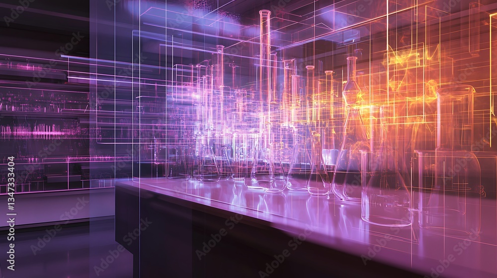 Poster a high-tech chemistry lab with real-time digital tracking of reaction progress and product formation