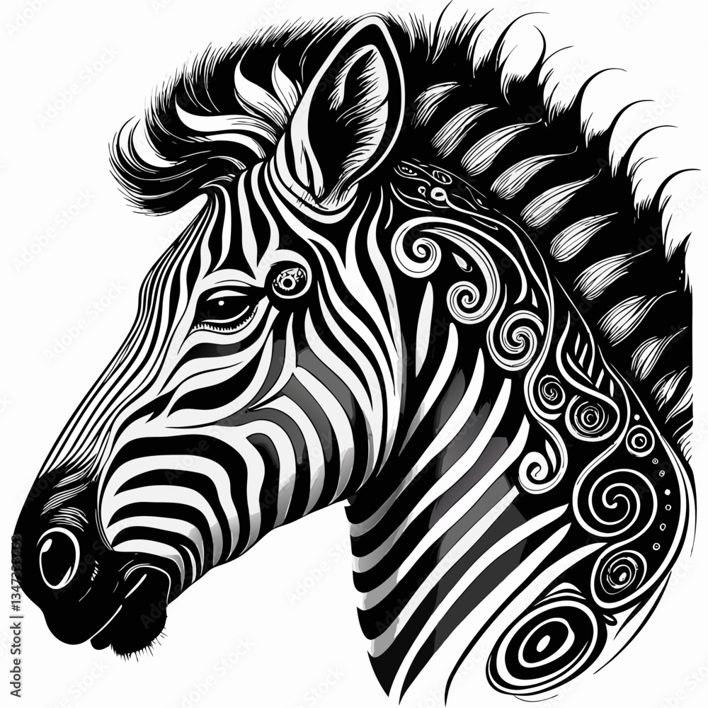 Poster a stylized zebra in black and white with intricate patterns. this image showcases the zebra's distin