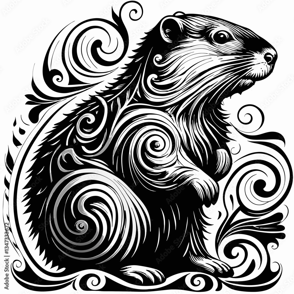 Poster an artistic illustration of a groundhog with swirling design. the groundhog is depicted with intrica