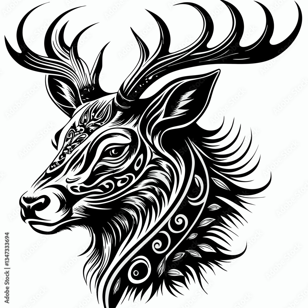 Poster an artistic depiction of a majestic stag with intricate patterns, perfect for adding an elegant touc