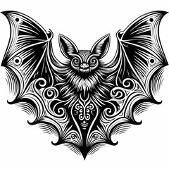 a detailed, monochrome illustration of a bat with outstretched wings, featuring intricate patterns and a captivating gaze