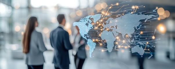 Three professionals discussing ideas with a digital world map overlay, symbolizing global connectivity and collaboration in a modern office environment.