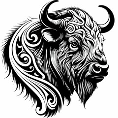 A detailed drawing of a buffalo head, showcasing intricate patterns and a bold, artistic style. The buffalo's powerful form is captured with striking detail and contrast.