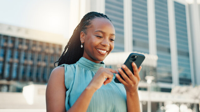 Chat, phone and business with black woman in city for client email, networking app or urban planner. Feedback, building permit news and connection with person outdoor for real estate development