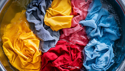 Colorful clothes soaked in water before washing, top view