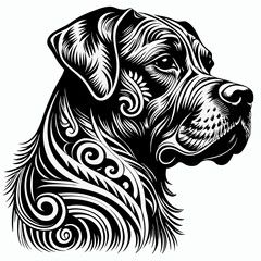 A beautifully designed illustration of a dog with elegant swirling patterns, in black and white, capturing its noble essence