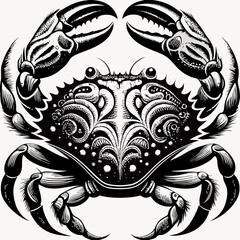 a detailed black and white illustration of a crab with intricate patterns. The crab is depicted with its claws raised, and its body adorned with ornamental designs