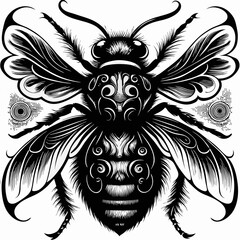 Obraz premium a detailed black and white bee illustration, the intricate design on the insect's body is captivating