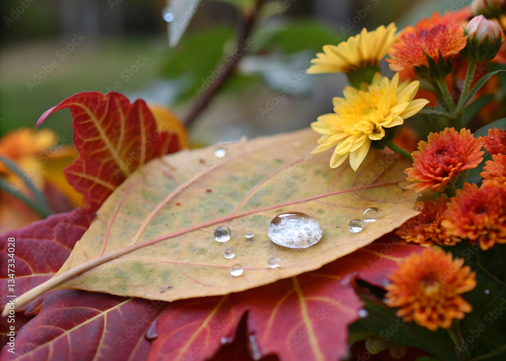 Aufkleber a close-up of a leaf with a dew drop, surrounded by colorful autumn leaves and flowers.