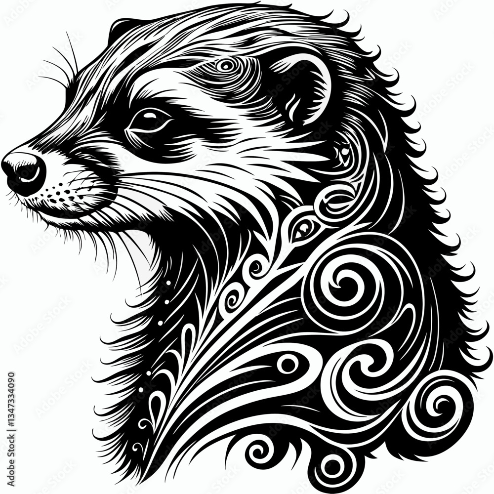 Poster a unique badger portrait with intricate patterns and stylized elements