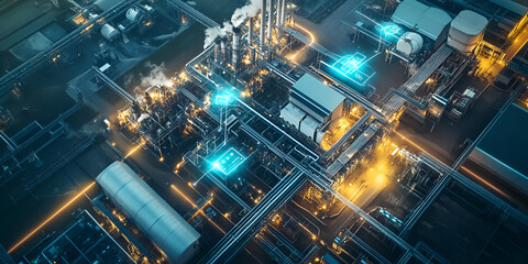 Futuristic industrial complex with AI-driven infrastructure, high-tech manufacturing and automation, Modern industrial area aerial view
