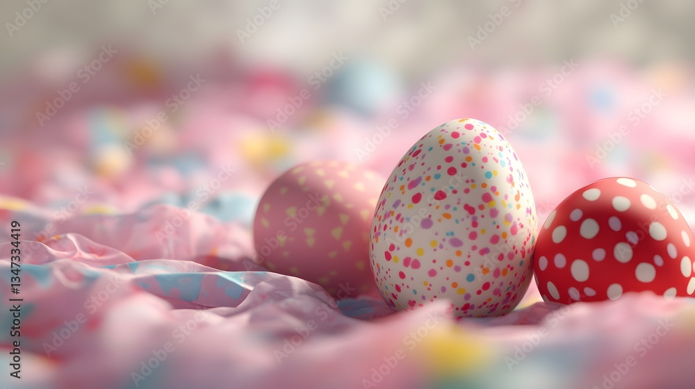 Poster three pastel-colored easter eggs rest on a soft pink fabric. the eggs are decorated with colorful do