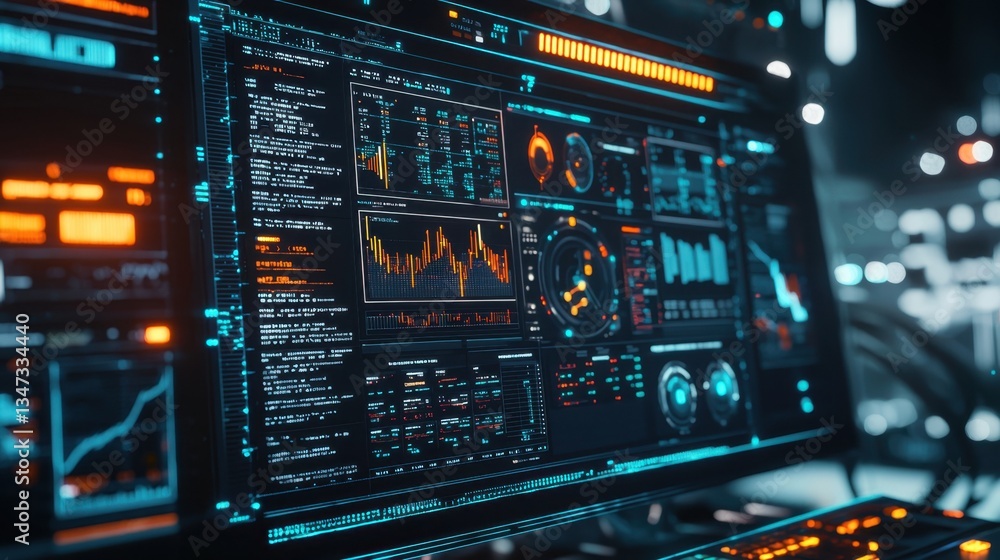 Poster a modern workstation features multiple screens showcasing intricate data analytics. graphs and marke