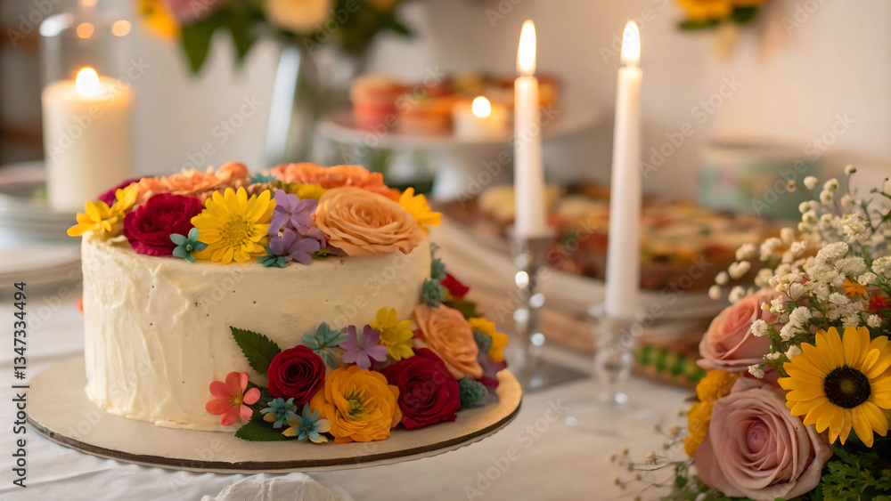 Poster a table setting with a cake decorated with flowers, surrounded by candles and fresh flowers.