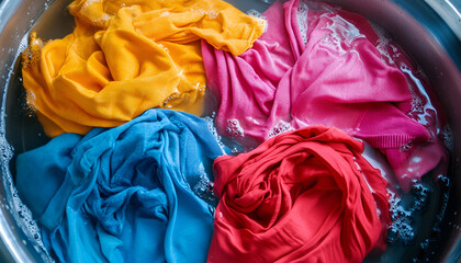 Colorful clothes soaked in water before washing, top view