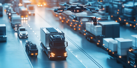 Futuristic logistics with autonomous drone and smart trucks, AI-driven supply chain technology, Logistics concept, logistics network distribution and smart transportation
