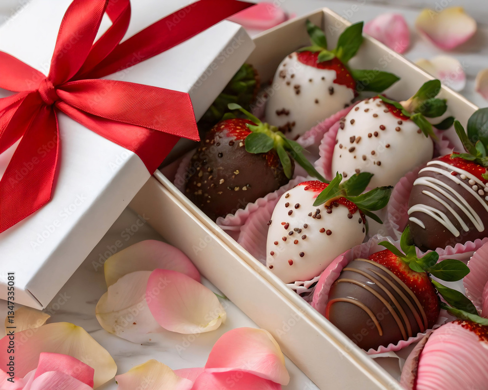 Poster a box filled with chocolate-covered strawberries, some of which are dipped in white chocolate, while