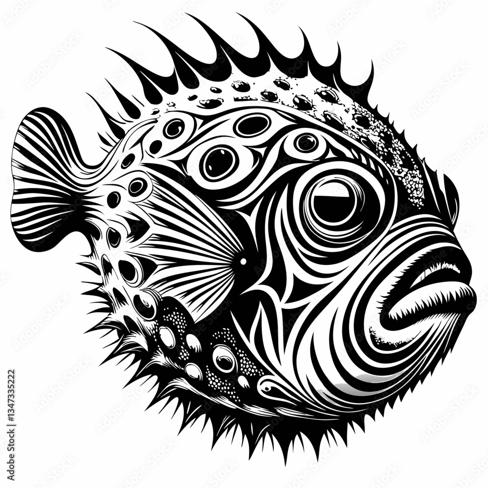 Poster a pufferfish drawing with black and white style, showcasing intricate patterns. the pufferfish's dis
