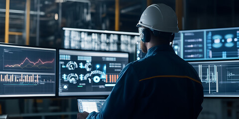 Industrial engineer monitoring real-time data on futuristic screens, factory automation and analytics, Digital transformation streamlines operations. Technology upgrades enhance efficiency.

