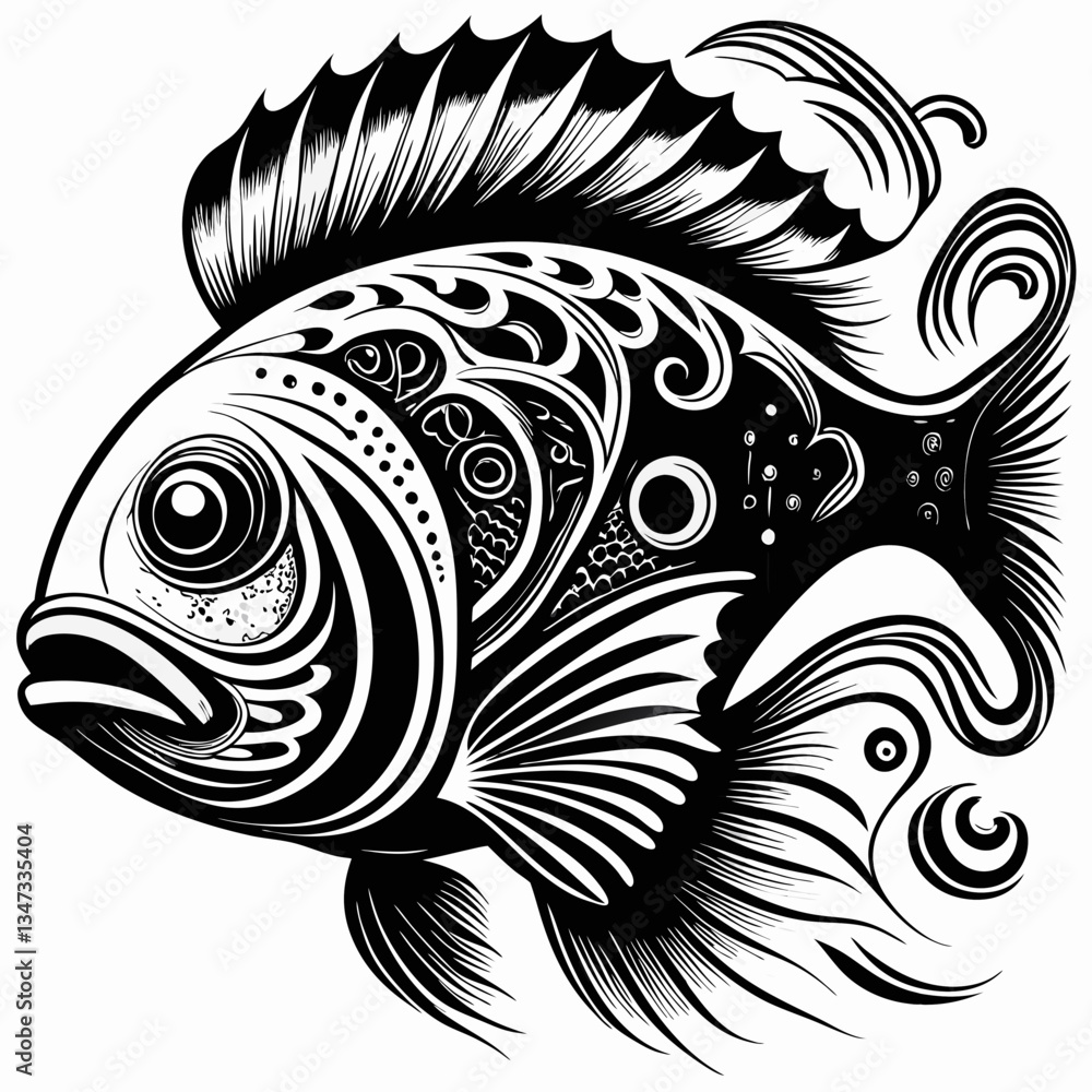 Poster an ornate illustration of a fish, showcasing intricate patterns and designs in monochrome style. the