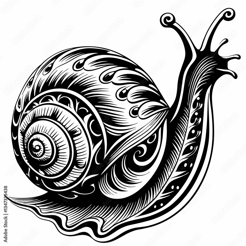 Poster intricate black and white drawing of a snail with a detailed shell design, showcasing patterns and s