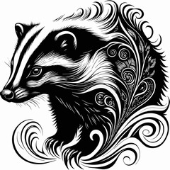 Obraz premium intricate black and white badger illustration, surrounded by a decorative pattern. A sophisticated monochrome drawing showcasing the animal's detailed features and creative design