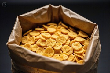 Image of a clear plastic bag containing corn flakes with a golden brown color and a slightly curled
