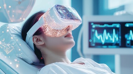 A patient using a sleek neural headset for instant health diagnostics, glowing biometric scans projected in the air, futuristic AI driven healthcare system
