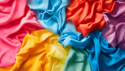 Colorful clothes soaked in water before washing, top view