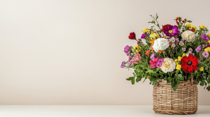 Naklejka premium vibrant basket of assorted flowers in various colors, showcasing nature beauty and freshness, perfect for brightening any space