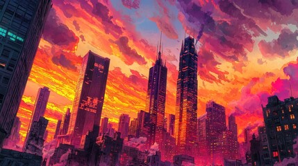 Fototapeta premium A breathtaking sunset illuminates a bustling city skyline, where tall skyscrapers rise against a backdrop of brilliant orange and purple clouds. The warm hues create a dynamic atmosphere