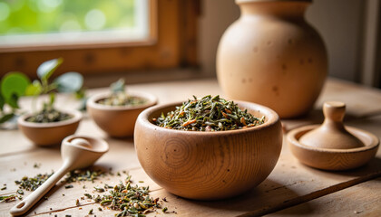 Herbs in wooden bowls on rustic kitchen table