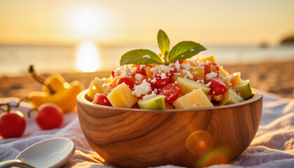 Fresh fruit salad with cheese at sunset beach
