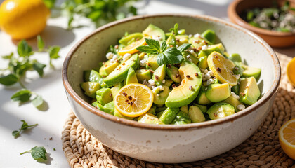 Fresh avocado salad with lemon slices in a rustic bowl