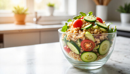 Fresh salad bowl with cucumber, tomatoes, and grains on kitchen counter