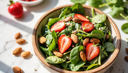 Bowl of fresh spinach salad with strawberries and almonds