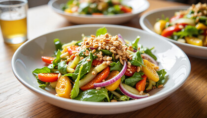 Fresh vegetable salad with toppings on wooden table