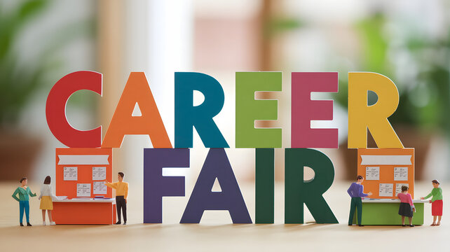 "CAREER FAIR" text in large multicolored letters with miniature career booths and people figures