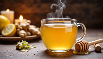 Steam rising from a cup of ginger tea with lemon and honey