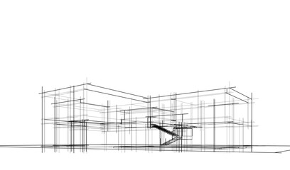 Futuristic Architectural Wireframe. Abstract Modern Building 3d Design 