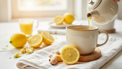 Lemon tea being poured into cup on kitchen table