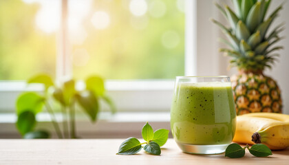 Green smoothie in glass with pineapple and banana on table