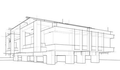 Futuristic Architectural Wireframe. Abstract Modern Building 3d Design 