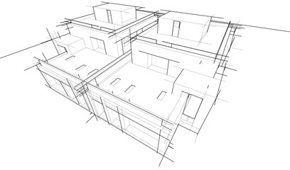 Futuristic Architectural Wireframe. Abstract Modern Building 3d Design 
