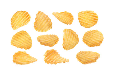 Tasty ridged potato chips on white background, collage