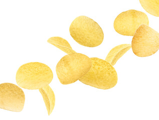 Tasty potato chips falling on white background