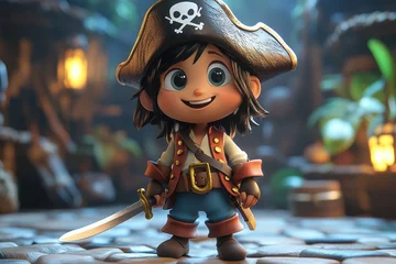 Happy cartoon pirate exploring a vibrant treasure-filled cave at dusk with a sword by side