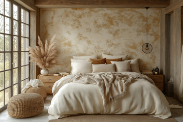 Chambre parentale contemporaine cosy, avec murs texturés, bois chaleureux, textiles doux et superposés, ambiance cocooning, éclairage tamisé, décoration élégante et lit confortable